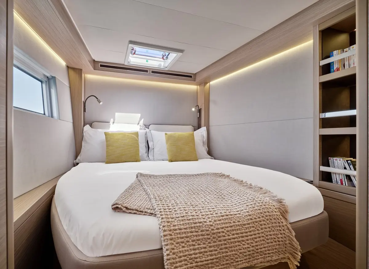 Lagoon 5.1, master cabin — Luxury Yacht Sardinia, Sardinia. Wide, level decks for a full day afloat