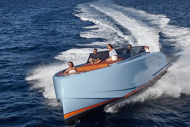 Vanquish VQ60, aft deck — Luxury Yacht Sardinia, Sardinia. Fast aluminium lines built for Costa Smeralda days